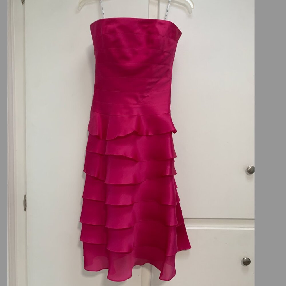 Kay Unger Strapless Hot Pink Tiered Ruffle Cocktail Dress